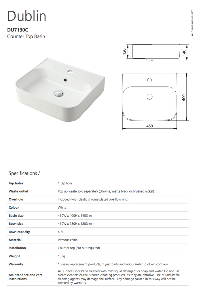 Oliveri Dublin Counter Top Basin