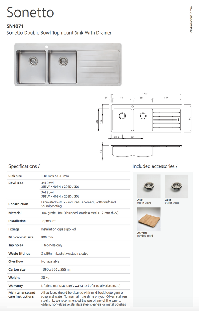 Oliveri Sonetto Double Bowl Topmount Sink With Drainer