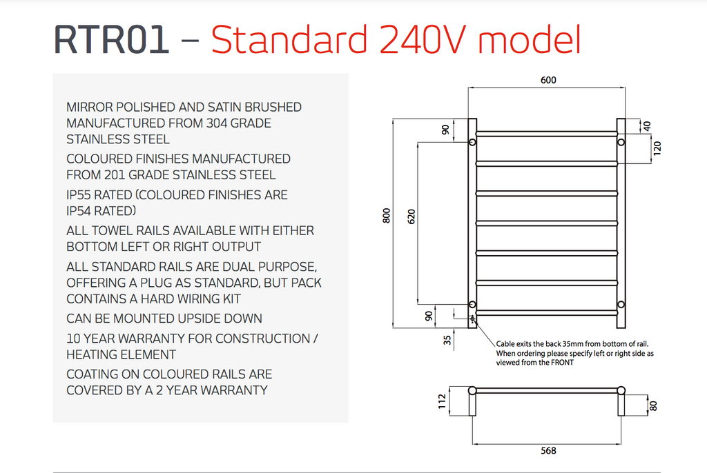 Radiant Heating Round Bars 240V Heated Towel Rail Matte Black 600 x 800