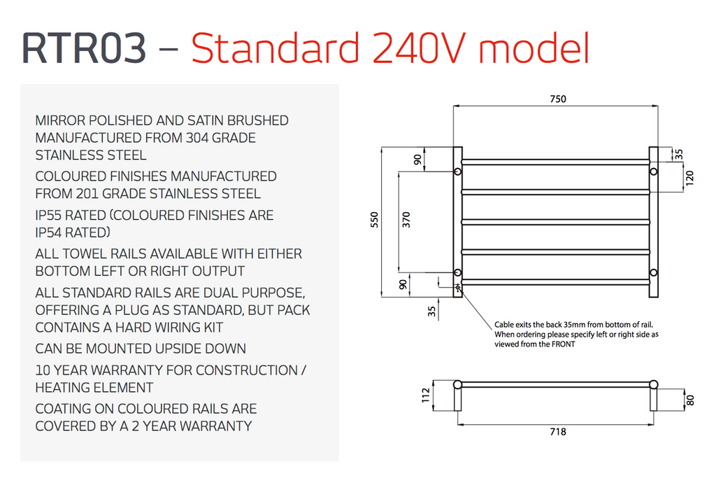 Radiant Heating Round Bars 240V Heated Towel Rail Polished 750 x 550