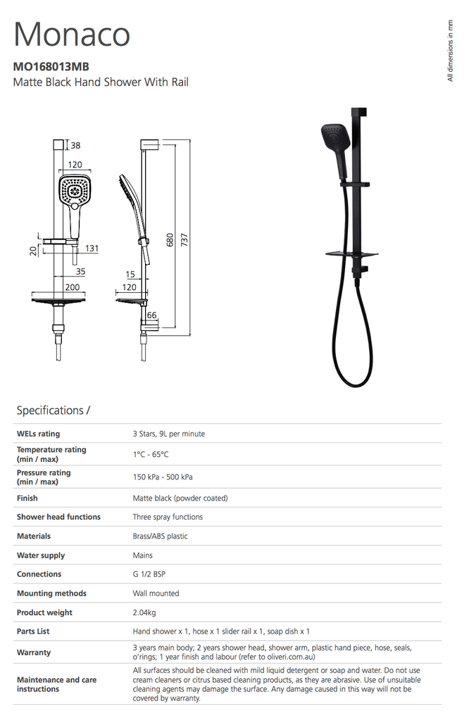 Oliveri Monaco Matte Black Hand Shower With Rail