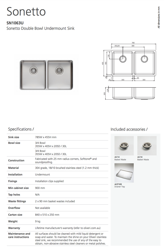 Oliveri Sonetto Double Bowl Undermount Sink