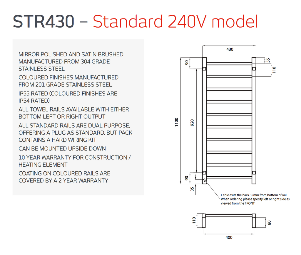 Radiant Heating Square Bars 240V Heated Towel Rails Polished 430 x 1100