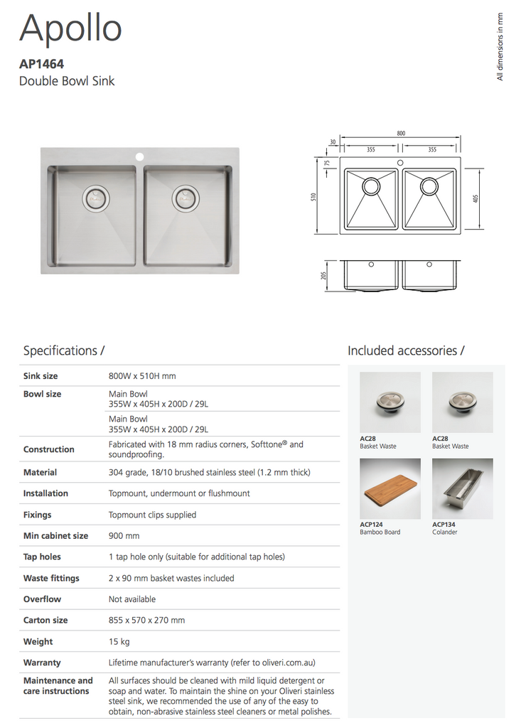 Oliveri Apollo Double Bowl Sink