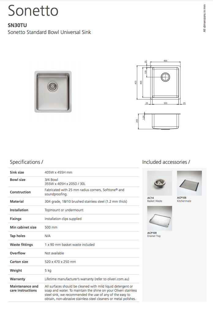 Oliveri Sonetto Standard Bowl Universal Sink