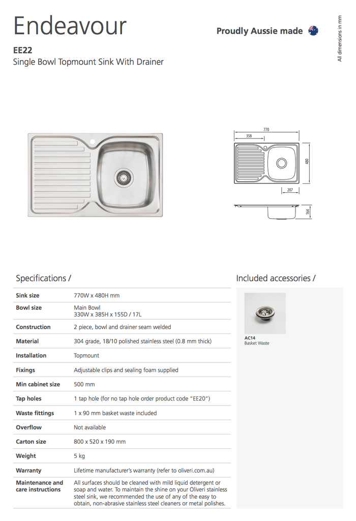 Oliveri Endeavour Single Bowl Sink With Drainer