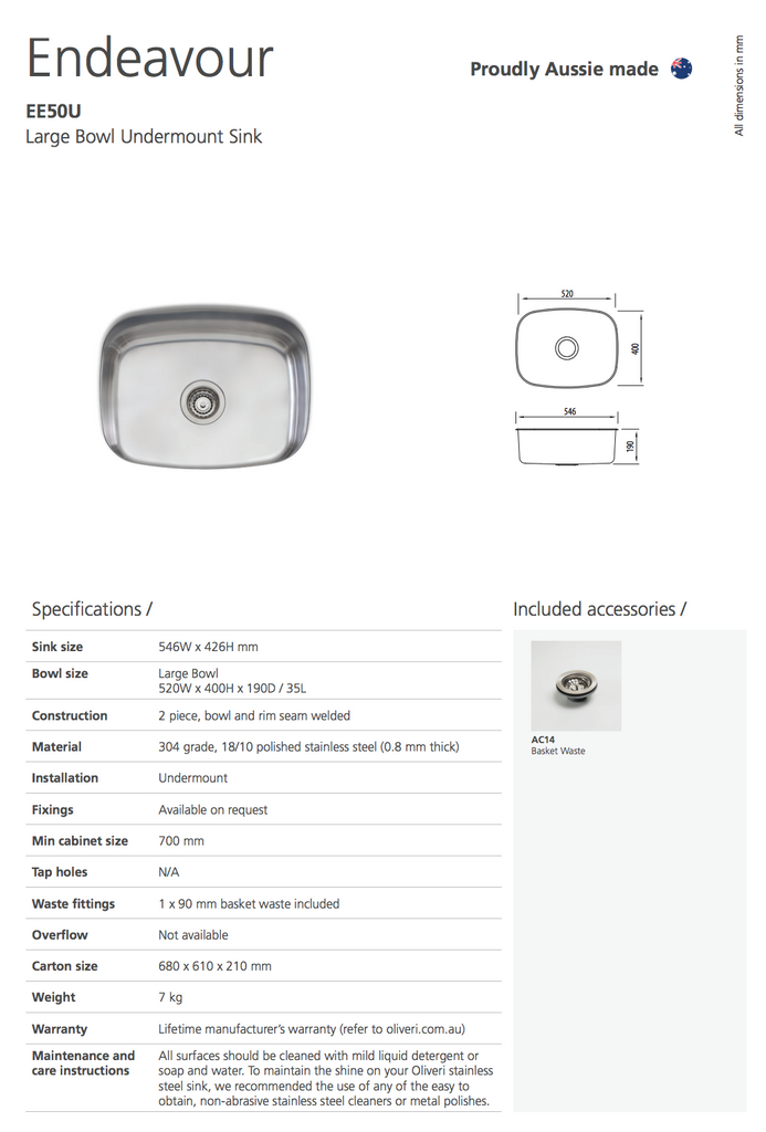 Oliveri Endeavour Large Bowl Undermount Sink