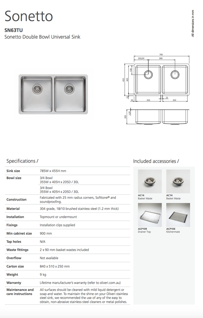 Oliveri Sonetto Double Bowl Universal Sink