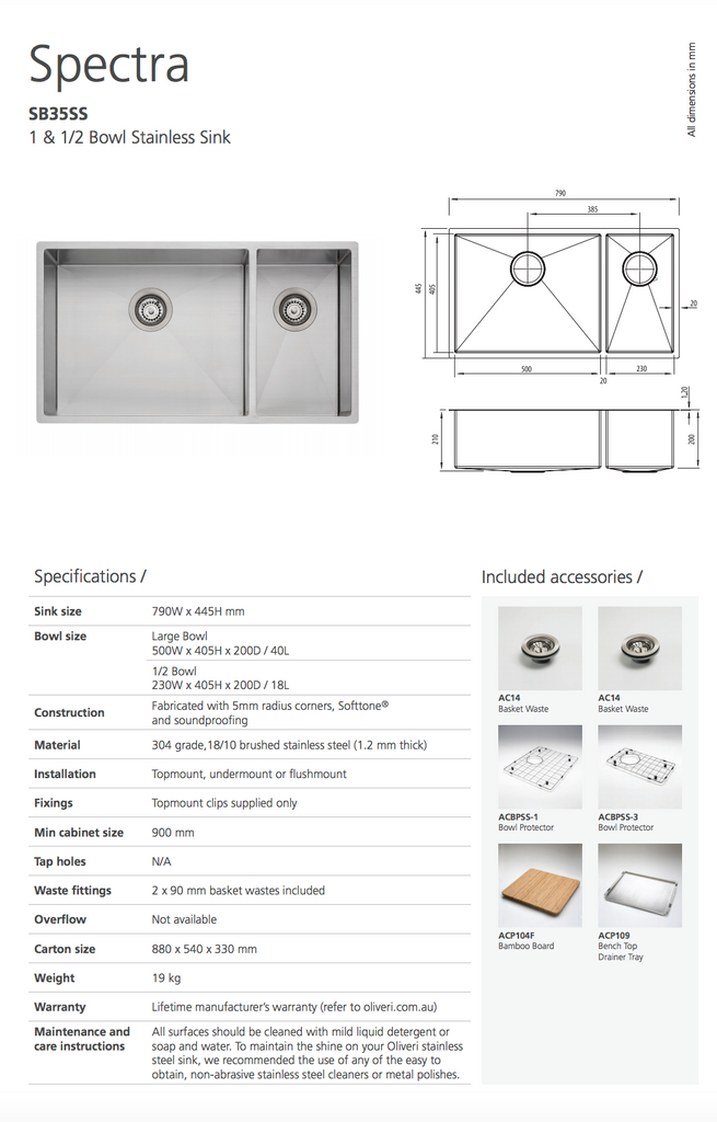 Oliveri Spectra 1 & 1/2 Bowl Stainless Sink