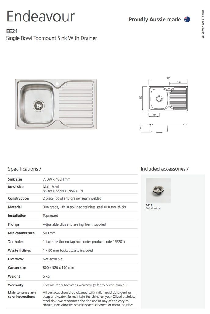 Oliveri Endeavour Single Bowl Sink With Drainer