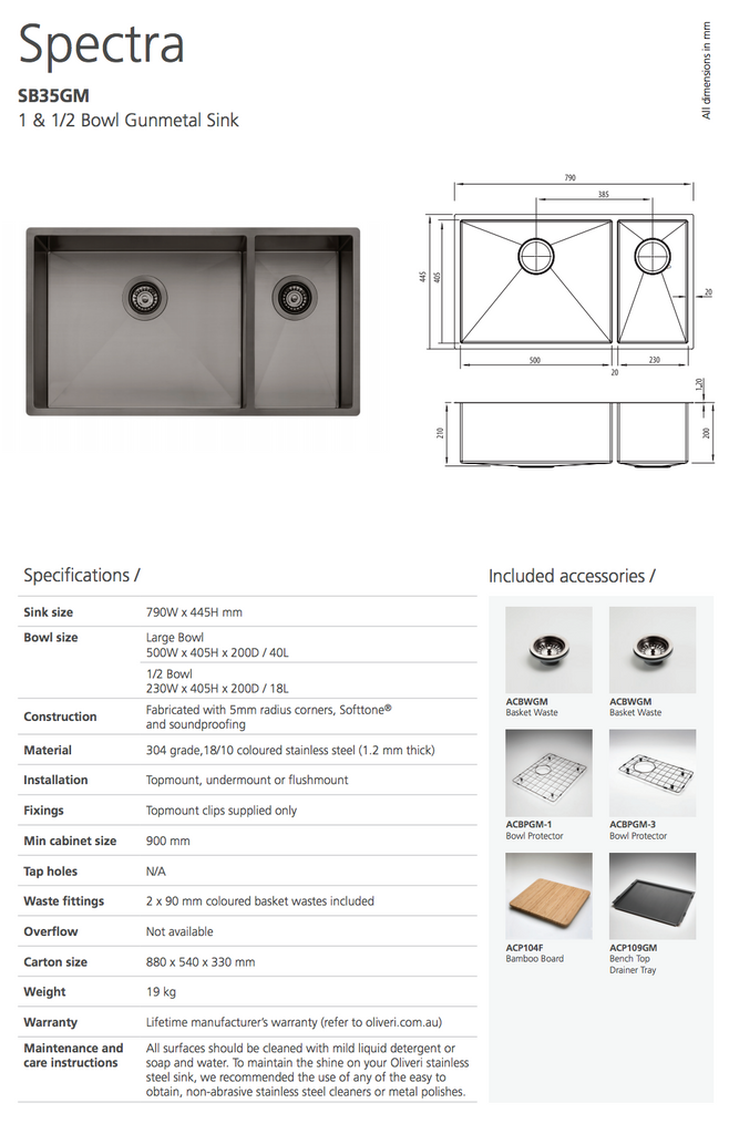 Oliveri Spectra 1 & 1/2 Bowl Gunmetal Sink