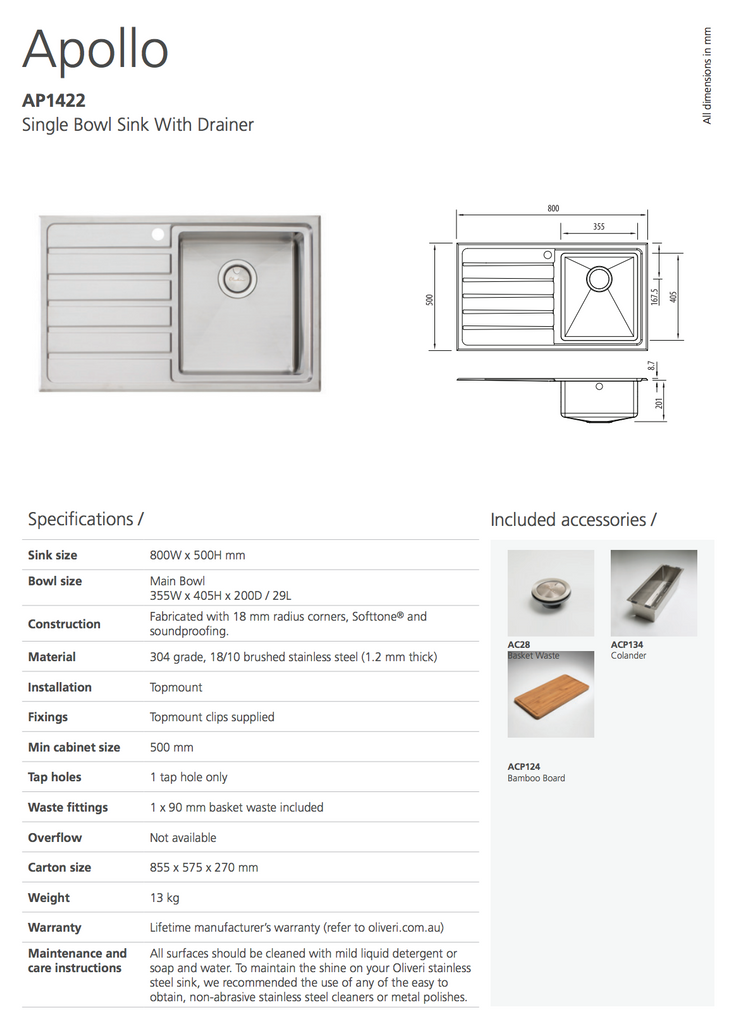 Oliveri Apollo Single Bowl Sink with Drainer