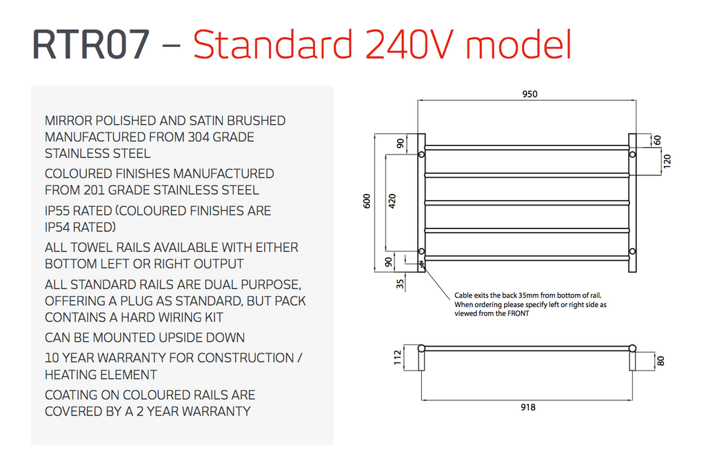 Radiant Heating Round Bars 240V Heated Towel Rails Polished 950 x 600