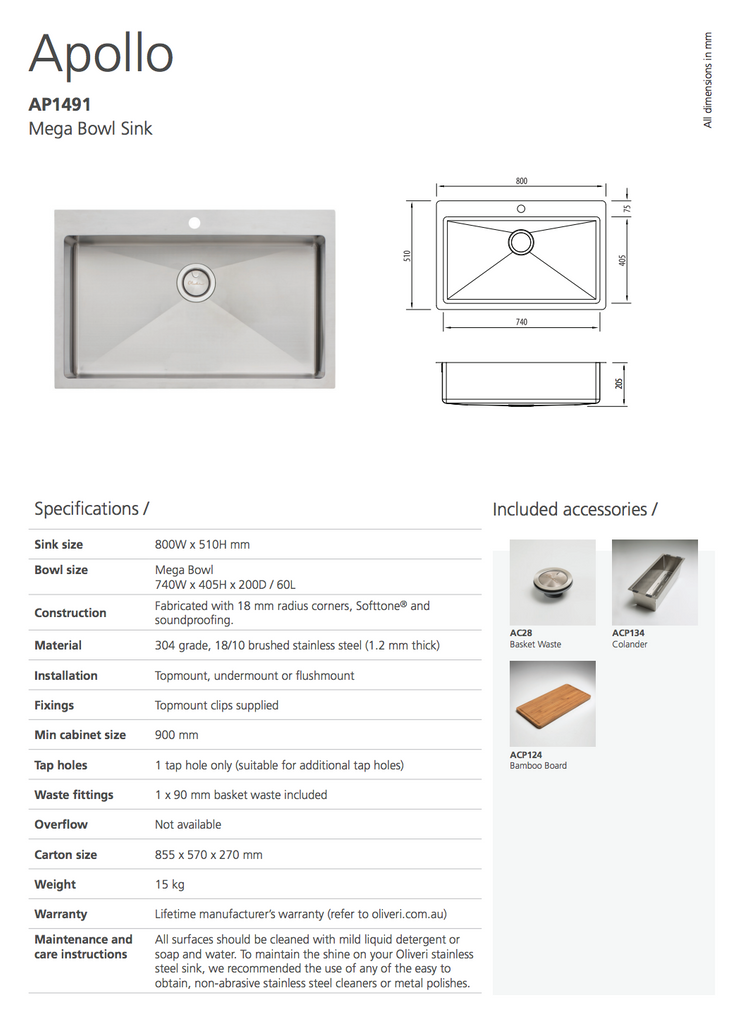 Oliveri Apollo Mega Bowl Sink