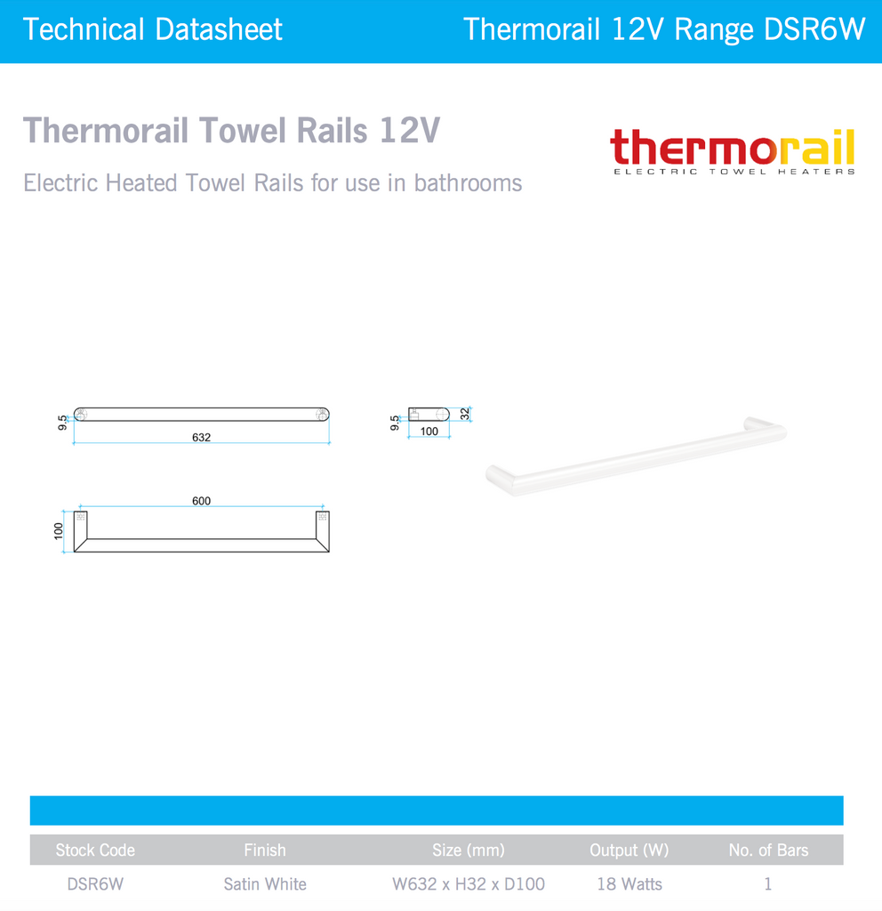 Thermogroup Round Single Bar Heated Towel Rail - Satin White 632