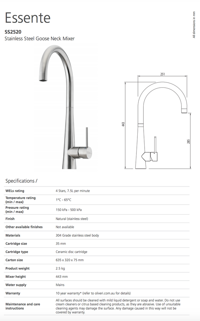 Oliveri Essente Stainless Steel Goose Neck Mixer