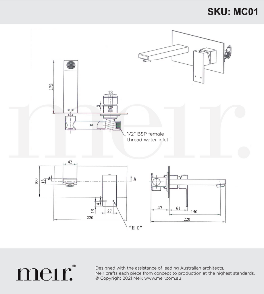 Meir Square Wall Basin Mixer And Spout - Matte Black