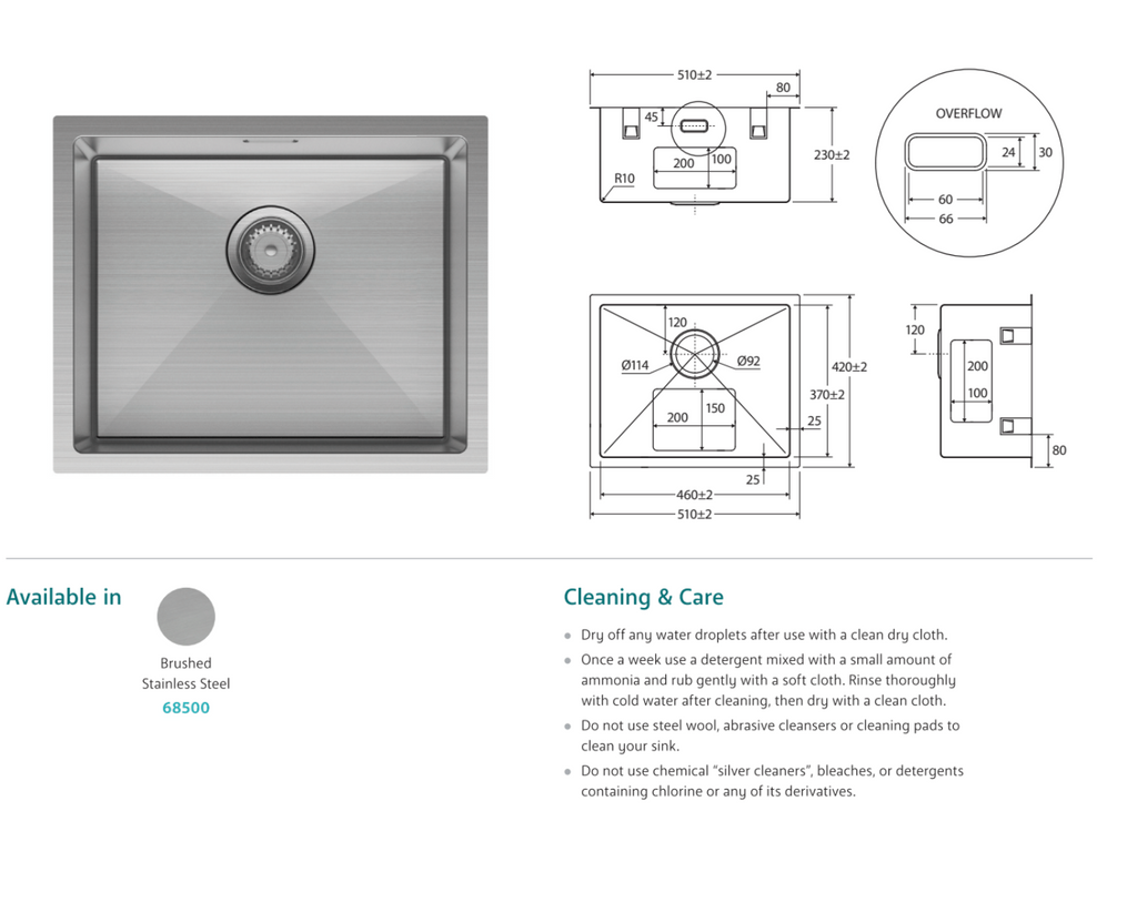 Fienza Hana 39L Laundry Sink with Overflow Stainless Steel