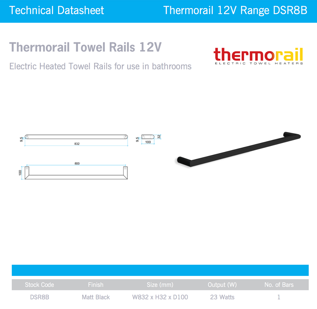 Thermogroup Round Single Bar Heated Towel Rail - Matte Black 832