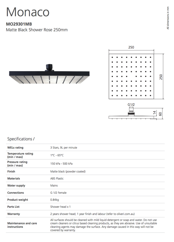 Oliveri Monaco Matte Black Shower Rose 250mm
