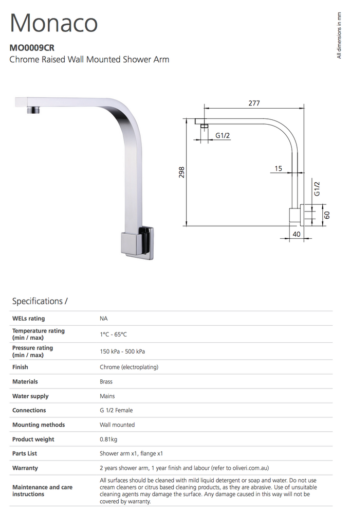 Oliveri Monaco Chrome Raised Wall Mounted Shower Arm