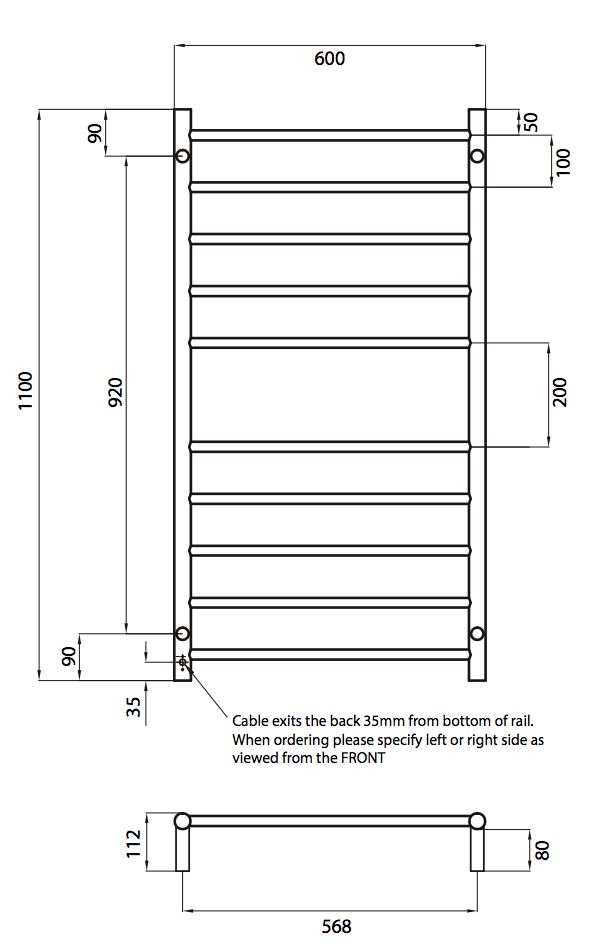 Radiant Heating Round Bars 240V Heated Towel Rails Brushed Satin 600 x 1100