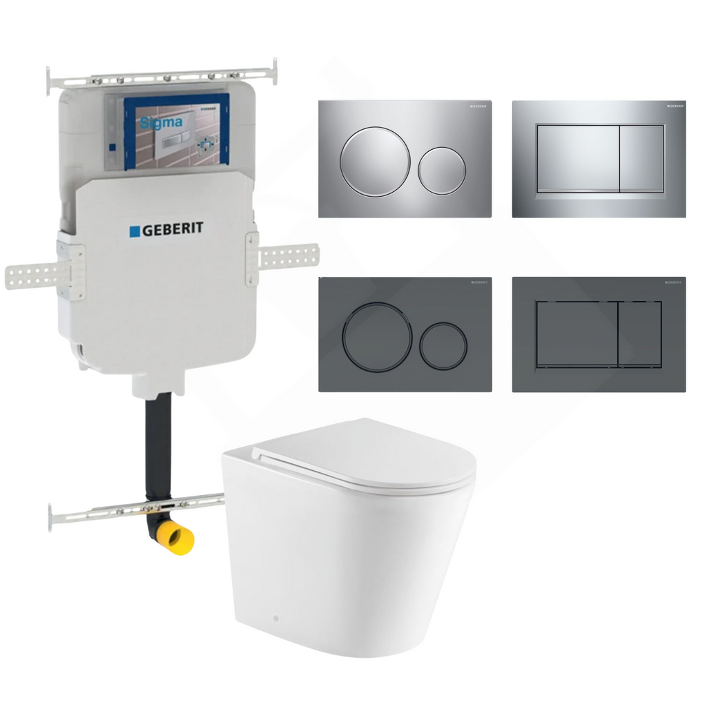 Berlino Wall Faced Toilet Rimless Suite Gloss White Sigma 8 with Flush Button