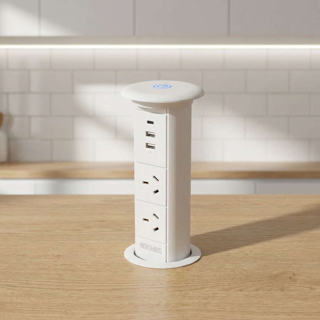 Motorised Pop Up Bench Power Point With USB - White 65mm