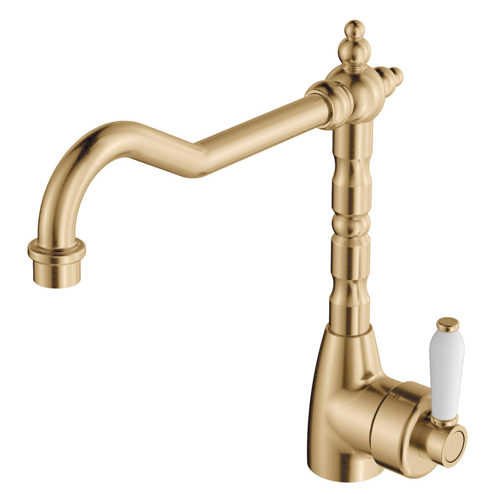 Fienza Eleanor Shepherds Crook Sink Mixer - Urban Brass / Ceramic