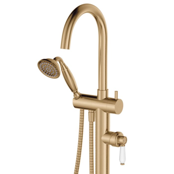 Fienza Eleanor Floor Mixer and Shower - Urban Brass with Ceramic Handle