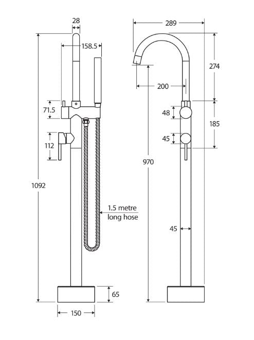 Fienza Kaya Floor Mounted Bath Mixer With Hand Shower - Gunmetal Grey