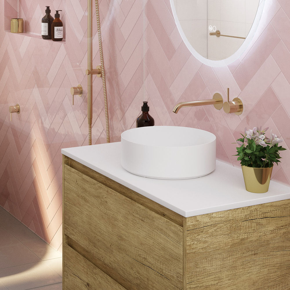 Fienza Kaya Round Plate Up Wall Basin / Bath Mixer Set - Urban Brass