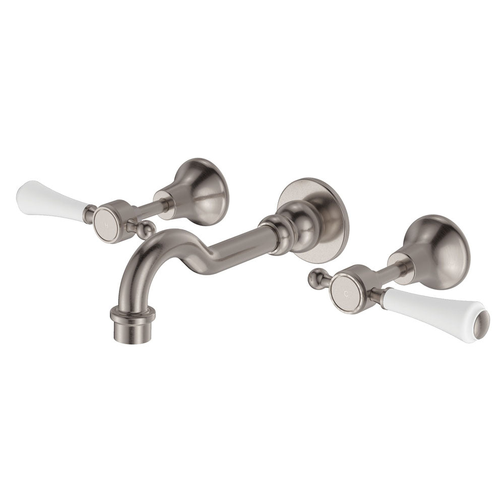 Fienza Lillian Lever Basin Bath Wall Set - Brushed Nickel with Ceramic White Handles