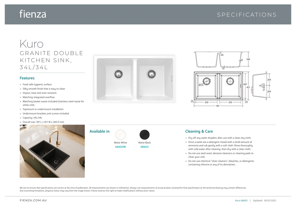 Fienza Kuro Granite 34L Double Bowl Kitchen Sink Matte White