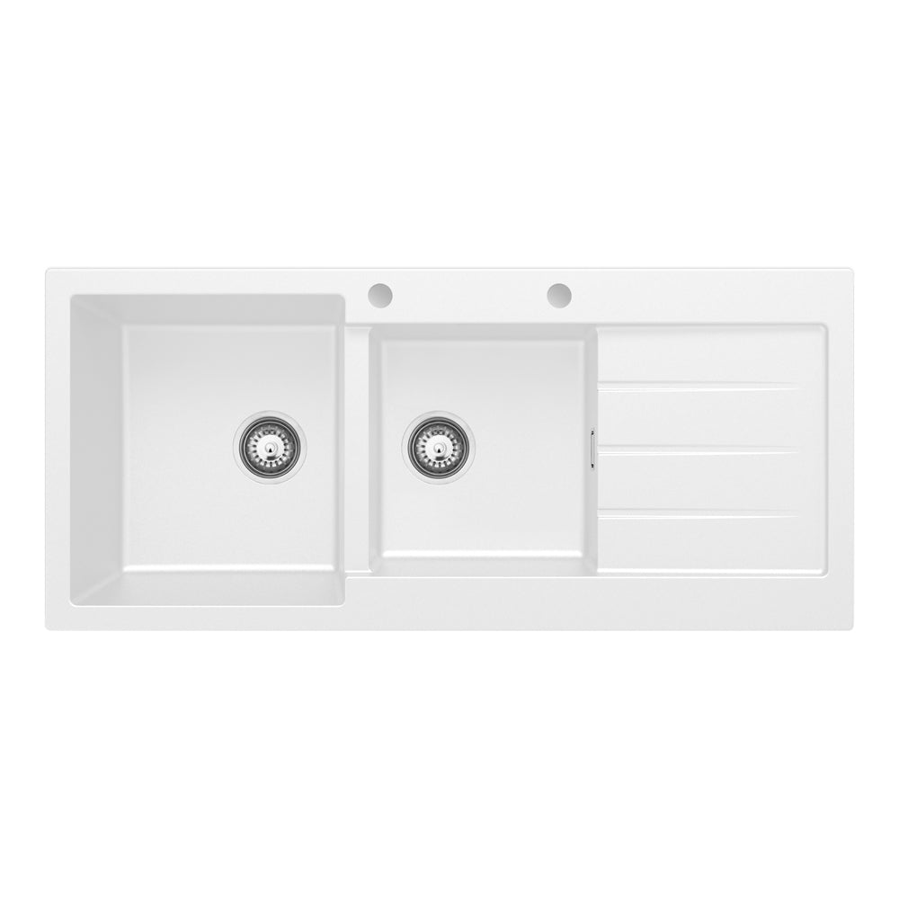 Fienza Kuro Granite 32L/22L Double Kitchen Sink With Drainer Matte White