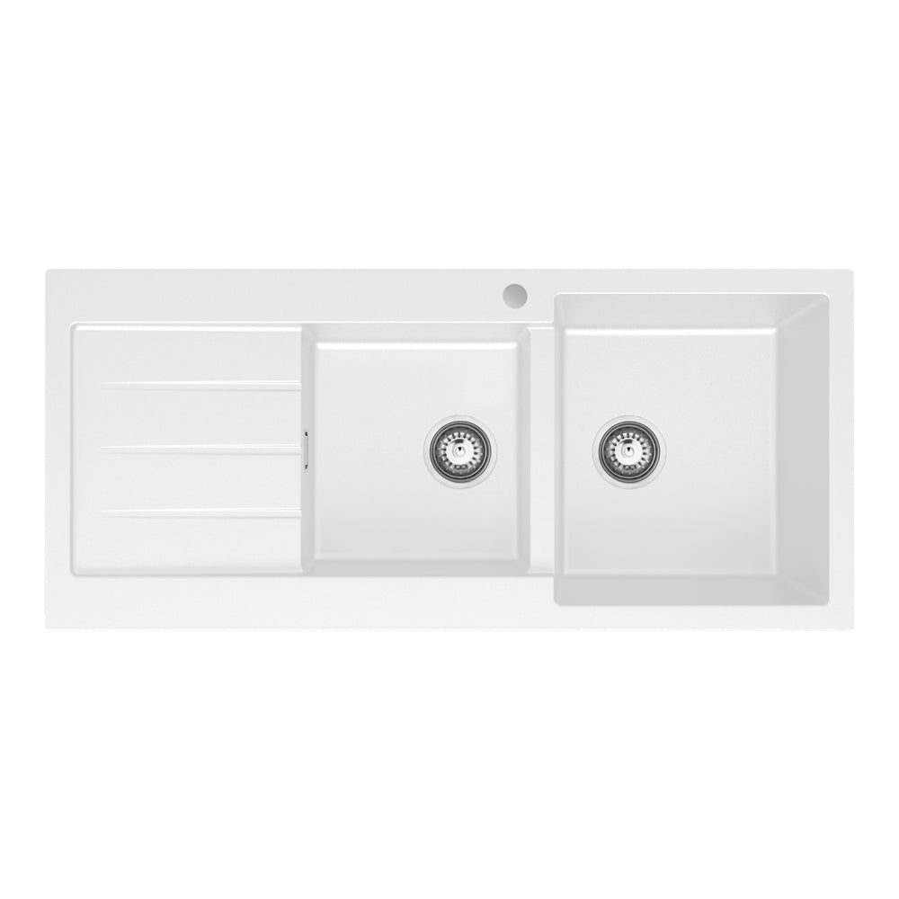 Fienza Kuro Granite 32L/22L Double Kitchen Sink With Drainer Matte White