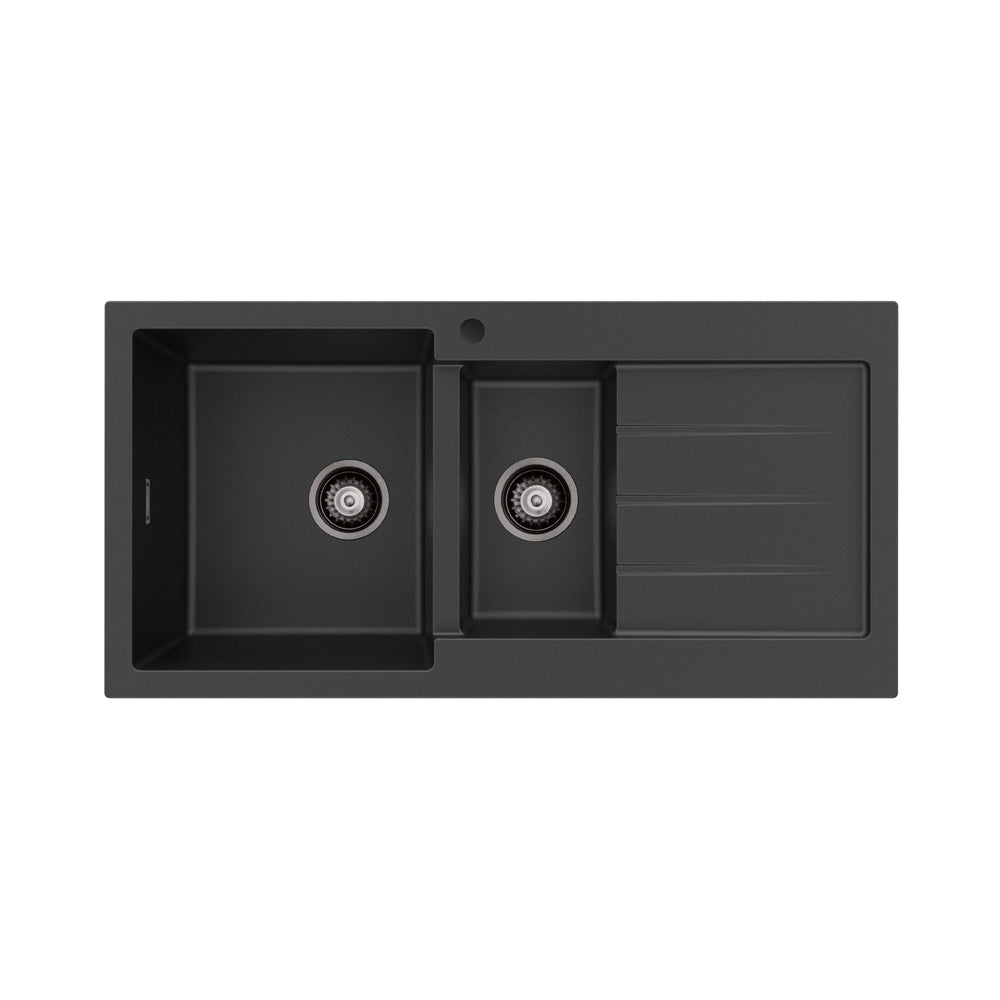 Fienza Kuro Granite 32L/14L Double Kitchen Sink With Drainer Matte Black