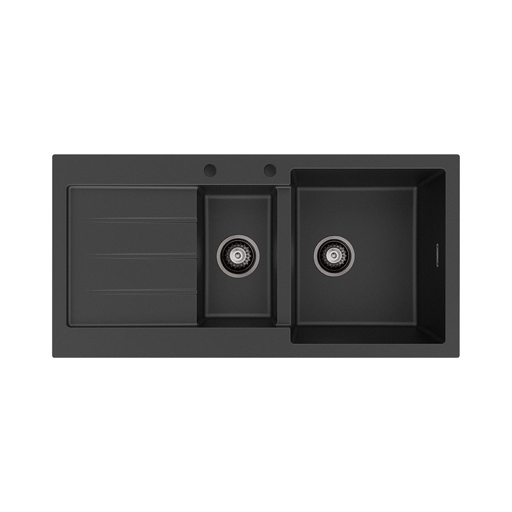 Fienza Kuro Granite 32L/14L Double Kitchen Sink With Drainer Matte Black
