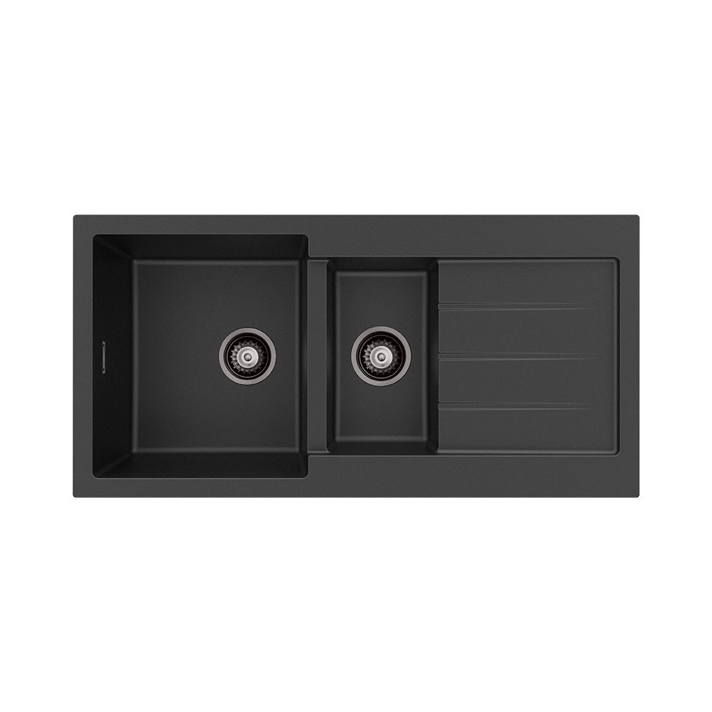 Fienza Kuro Granite 32L/14L Double Kitchen Sink With Drainer Matte Black