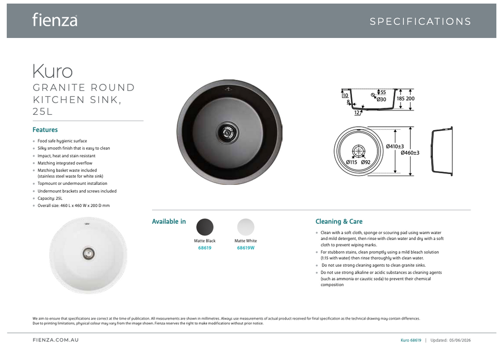 Fienza Kuro Granite 25L Round Single Bowl Kitchen Sink - Matte Black