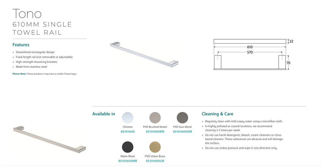 Fienza Tono Single Towel Rail 610mm - Brushed Nickel