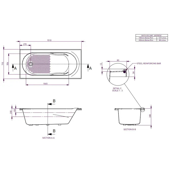 Decina Bambino Inset Bath 1510/1650mm - Gloss White