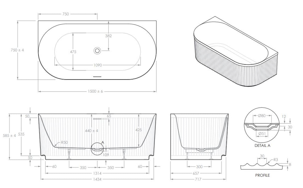 ADP Bronte Back-To-Wall Bath - Matte White