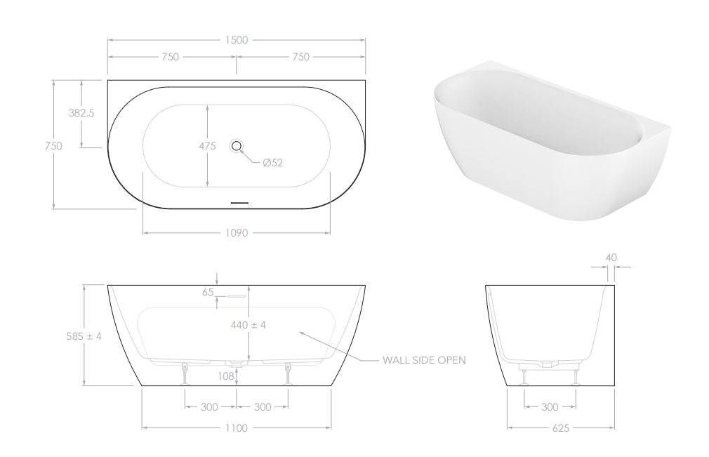 ADP Glacier Back-To-Wall Bath - Matte White