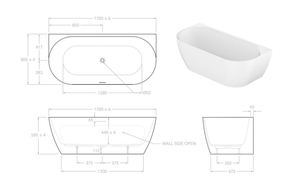 ADP Glacier Back-To-Wall Bath - Matte White