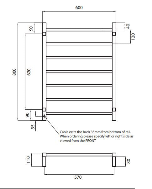 Radiant Heating Square Bars 240V Heated Towel Rails Brushed Satin 600 x 800