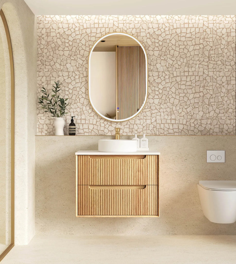 Otti Byron Fluted Wall Hung Vanity - Woodland Oak Ultra Delux Stone Top