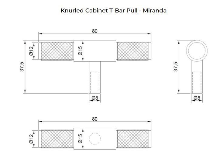 Manovella Knurled Cabinet T-Bar Pull - Miranda - Aged Brass