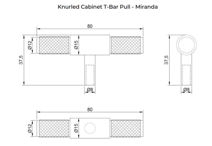 Manovella Knurled Cabinet T-Bar Pull - Miranda - Brushed Brass
