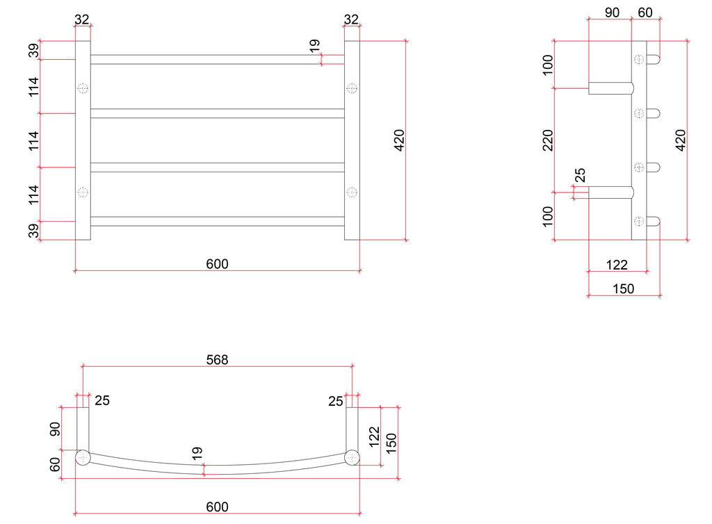 Thermogroup 4 Bar Curved Round Ladder Heated Towel Rail - Stainless Steel